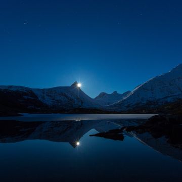 Moonrise, Blue Sky, Mountains, Snow covered, Lake, Landscape, Reflection, Night time, Twilight, Long exposure, 5K