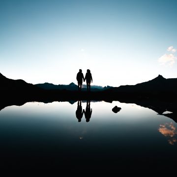 Couple, Switzerland, Silhouette, Together, Holding hands, Romantic, Mountains, Lake, Reflection, Dusk, Evening, 5K