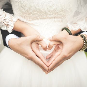 Hands together, Love heart, Wedding outfit, Couple, Bride, Bridegroom, Marriage