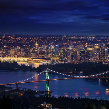 Lions Gate Bridge, Vancouver City, Canada, Cityscape, City lights, Night time, Horizon, Dark Sky, Long exposure, Suspension bridge
