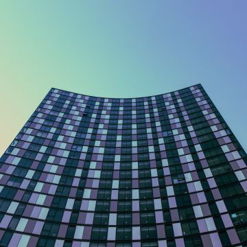 High rise building, 5K, Low Angle Photography, Gradient background, Looking up at Sky, Office building, Pattern, Skyscraper