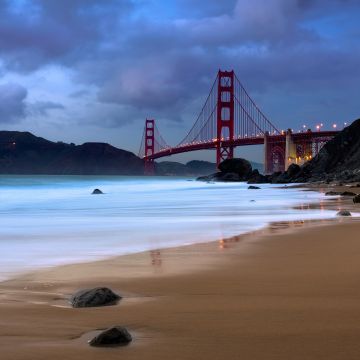 Golden Gate Bridge, Evening, Coastline, San Francisco, Baker Beach, California, Long exposure, Metal structure, Cloudy, Landmark