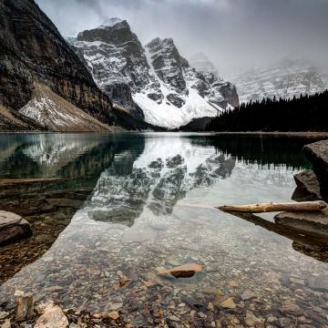 Moraine Lake, Clear water, Landscape, Canada, Reflection, Snow covered, Glacier mountains, Foggy, Rocks, Mirror Lake, 5K