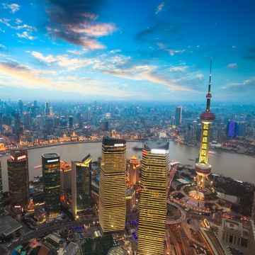 Shanghai City, Aerial view, China, Cityscape, Skyline, Sunset, Skyscrapers, High rise building, Oriental Pearl Tower, Evening sky, Clouds, 5K