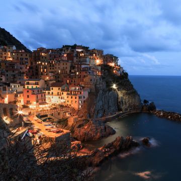 Manarola, Seaside village, Cinque Terre, Italy, Seascape, City lights, Dusk, Tourist attraction, Clouds, Long exposure
