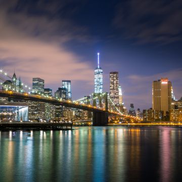 Brooklyn Bridge, Reflections, New York, Cityscape, City lights, Body of Water, Skyscrapers, Suspension bridge, Skyline, Night time