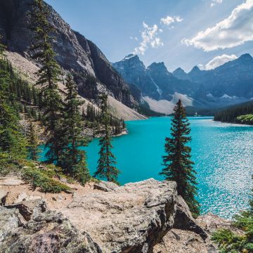 Moraine Lake, Summer, Canada, Banff National Park, Valley of the Ten Peaks, Turquoise water, Landscape, Mountain range, Clouds, Scenery, Sunny day