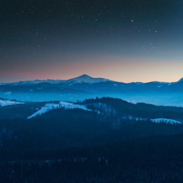 Evening, Foggy, Dusk, Forest, Mountains, Starry sky, Winter, Sunset