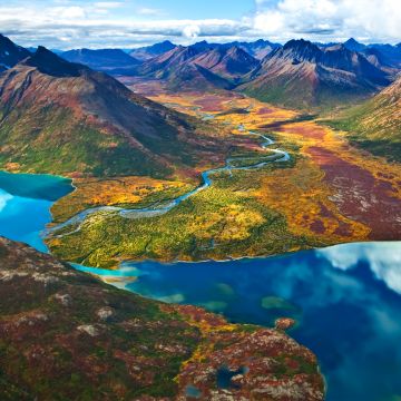 Landscape, Mountains, River, Sunny day, Scenery, Aerial view, OS X Mountain Lion, Stock, Summer