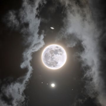 Moon, Jupiter, Saturn, Composition, Night, Dark, Cloudy, Surreal, 5K