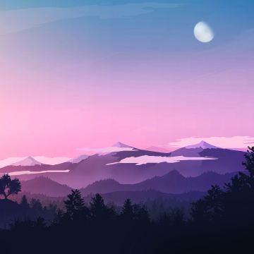 Moon, Evening sky, Mountains, Forest, Silhouette, Pink sky