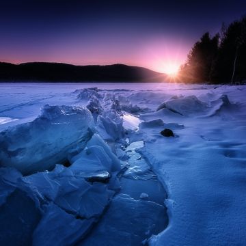 Rondout Reservoir, Sunset, Ice, Glacier, Morning, Landscape, 5K