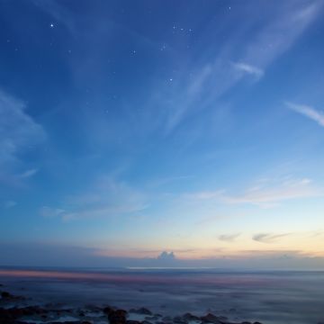 Clear sky, Sunset, Dusk, Blue Sky, Starry sky, Horizon, Beach, Seascape, Rocky shore