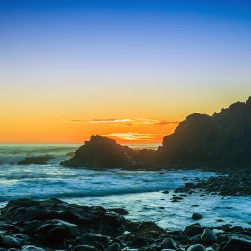 Cape Arago, Sunset, Rocky coast, Seascape, Waves, Horizon, Orange sky, Landscape