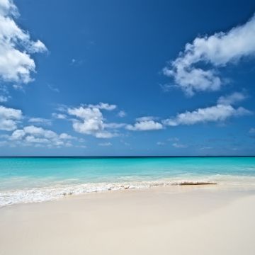 Beach, Seascape, Turquoise water, Ocean blue, Waves, Horizon, Clouds, Blue Sky, Calm, Landscape, Scenery, 5K