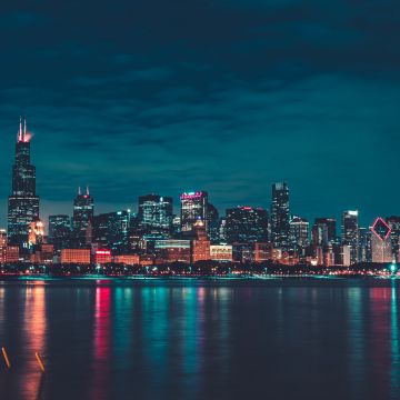 Chicago, Night, City lights, Cityscape, Reflections, Skyline, 5K