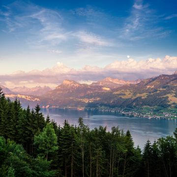 Lake Zurich, Switzerland, Landscape, Green Trees, Mountain range, Dusk, Cloudy Sky