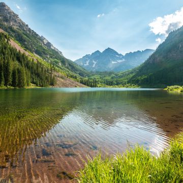 Marron Bells, Elk Mountains, Maroon Peak, Colorado, Lakes, Landscape, Clear water, Reflection, Scenery, 5K