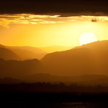 Serene, Sunset, Landscape, Mountains, Yellow sky, Silhouette