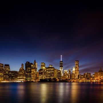 New York City, Long exposure, Skyline, Brooklyn Bridge Park, Waterfront, Night time, Cityscape, City lights, Reflection, Skyscrapers