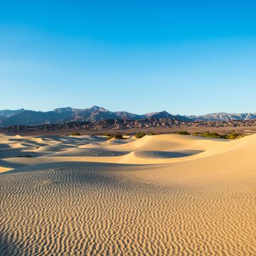 Death Valley, Dessert, California, Sand Dunes, Blue Sky, Mountain range, Sunrise, Landscape, Clear sky, 5K