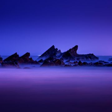 Rocky coast, Aesthetic, Seascape, Purple sky, Landscape, Dusk, Long exposure, Scenic, 5K, 8K