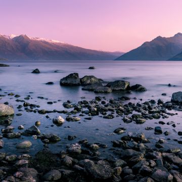 Mountain range, Dusk, Body of Water, Landscape, Long exposure, Rocks, Lake, Pink sky, 5K