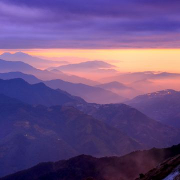 Mountain range, Aesthetic, Sunset, Purple sky, Foggy, Clouds, Landscape, Aerial view