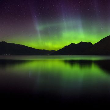 Southern lights, Aurora Borealis, Polar Lights, Northern Lights, Lake, Night time, Reflection, Starry sky, Landscape, 5K