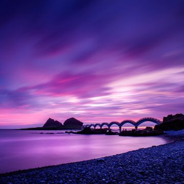 Sanxiantai Bridge, Taiwan, Landscape, Dawn, Purple sky, Clouds, Long exposure, Seascape, Shore, Scenic, 5K, 8K