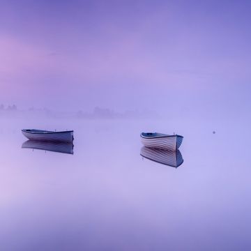 Loch Rusky, Aesthetic, Scotland, Boats, Foggy, Mirror Lake, Reflection, Purple background, Scenery, Landscape, 5K
