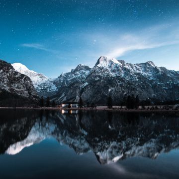 Almsee, Lake Alm, Austria, Landscape, Mountain range, Glacier mountains, Snow covered, Peaks, Reflection, Blue Sky, Stars, Scenery, 5K
