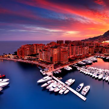 Port Fontvieille, Monaco City, Yacht, Red Sky, Boats, Body of Water, Long exposure, Reflection, Sunset