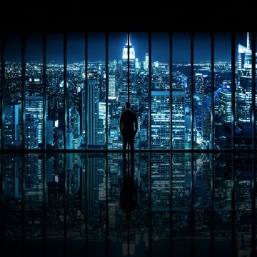 Gotham, Cityscape, City lights, Standing, Man, Reflection, Pattern, Skyscrapers, Night time, New York City