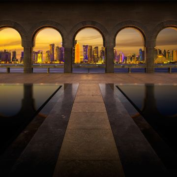 Museum of Islamic Art, Doha, Qatar, Arches, City lights, Long exposure, City Skyline, Skyscrapers, HDR, Pattern