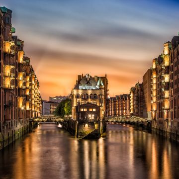 Hamburg architecture, Germany, City lights, Sunset, Long exposure, Body of Water, Reflection, Warehouse district, Castle