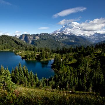 Mount Rainier, Eunice Lake, Landscape, Blue Sky, Glacier mountains, Snow covered, Green Trees, Clear sky