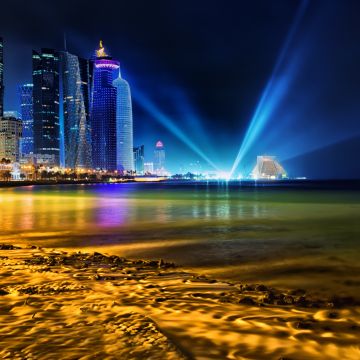 Doha Skyline, Qatar, Cityscape, City lights, Night time, Light beam, Skyscrapers, Body of Water, Beach, Long exposure