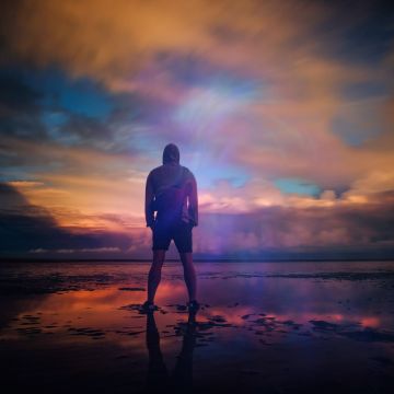 Standing Man, Beach, Body of Water, Planet Earth, Silhouette, Cloudy Sky, Outdoor, Dusk, Sunrise, Reflection, 5K