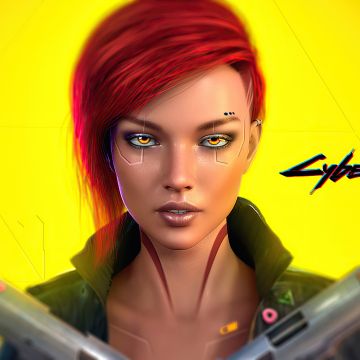 Female V, Cyberpunk 2077, Cover Art, Yellow background, PlayStation 4, Google Stadia, Xbox One, PlayStation 5, Xbox Series X and Series S, PC Games