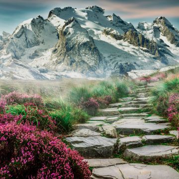 Mountains, Path, Hill, Spring, Aesthetic, Landscape, Scenery, Stone staircase, Girly, 5K