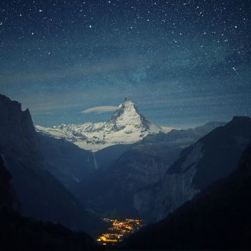 Matterhorn, Lauterbrunnen valley, Mountain Peak, Night time, Starry sky, Glacier mountains, Snow covered, Landscape, Landmark, Switzerland, Tourist attraction