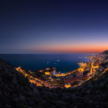 Monaco City, Panoramic, Aerial view, Night time, Seascape, Cityscape, City lights, Horizon, Clear sky