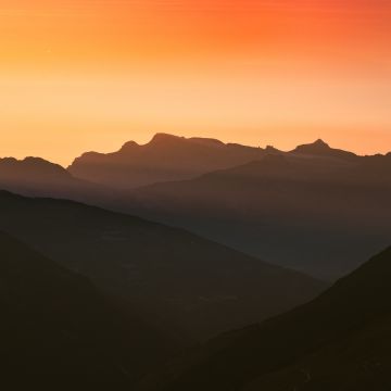 Swiss Alps, Silhouette, Mountain range, Orange sky, Sunset, Landscape, Scenery, 5K