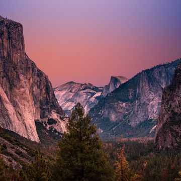 Yosemite Valley, United States, Golden hour, Landscape, Mountain range, Cliffs, Purple sky, 5K