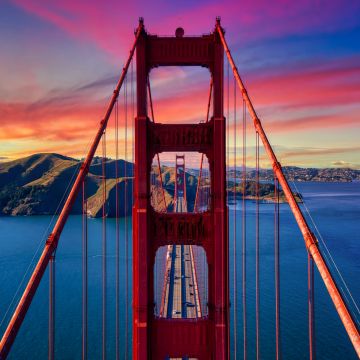 Golden Gate Bridge, Aesthetic, California, USA, Sunset, Colorful Sky, Suspension bridge, Bay Area, Famous Place, Landmark, Aesthetic, 5K