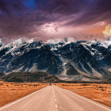 Endless Road, Thunderstorm, Mountain range, Cloudy Sky, Extreme Weather, Mystic, 5K