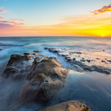 Rocky coast, Sunset, Seascape, Sunset Orange, Horizon, Clear sky, Long exposure, Ocean blue