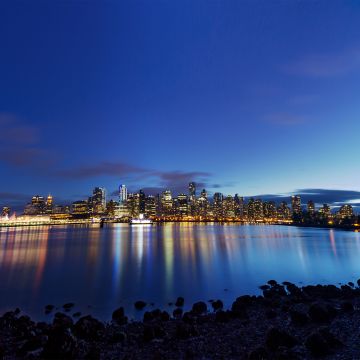 Vancouver City, British Columbia, Dusk, Cityscape, City lights, Canada, Coastal, Night time, Blue Sky, Body of Water, Reflection, Skyscrapers