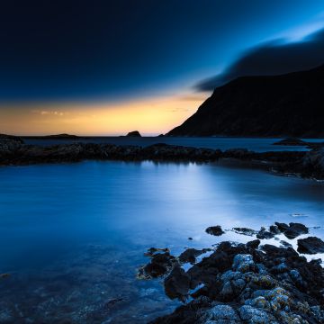 Rocky coast, Bremanger, Norway, Twilight, Sunset, Long exposure, Mountain, Dusk, Body of Water, Landscape, Night time